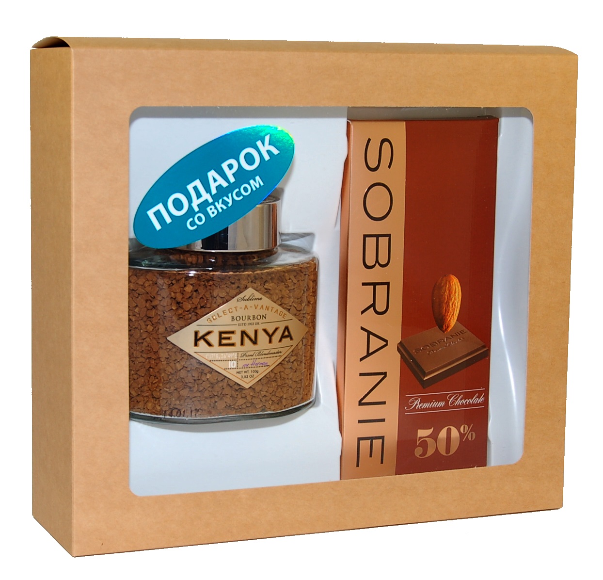 Подарочный набор Кофе растворимый BOURBON Кения 100 г Темный  шоколад с орехами SOBRANIE 90 г